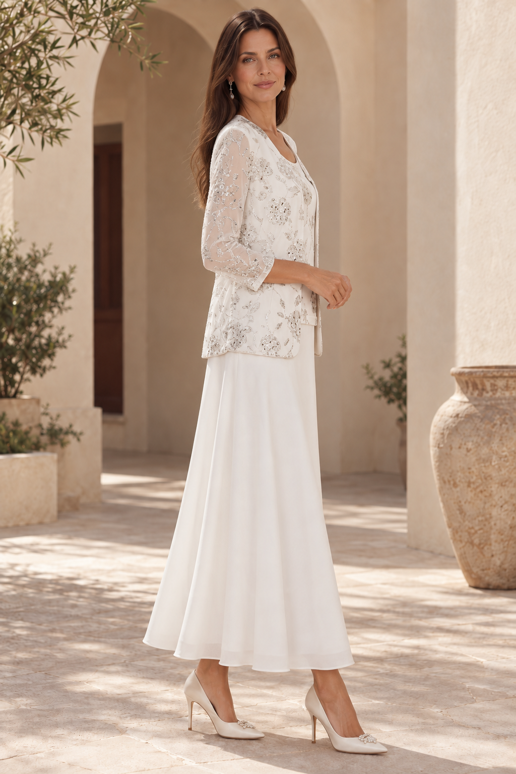 Sequin Floral Bodice Dress with 3/4 Sleeve Jacket