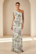 One-Shoulder Ruched Floral Sequin Gown