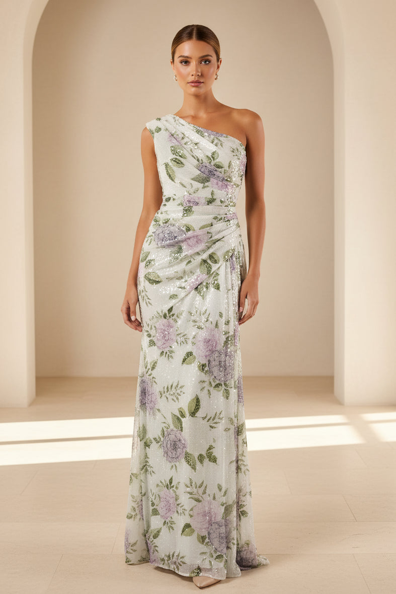 One-Shoulder Ruched Floral Sequin Gown