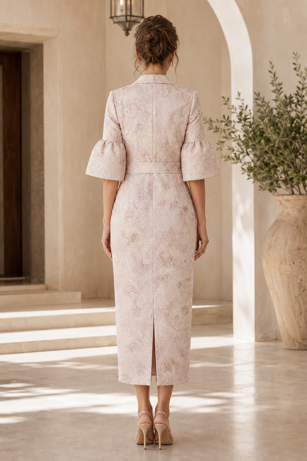 Floral Jacquard Midi Dress with Bell Sleeves
