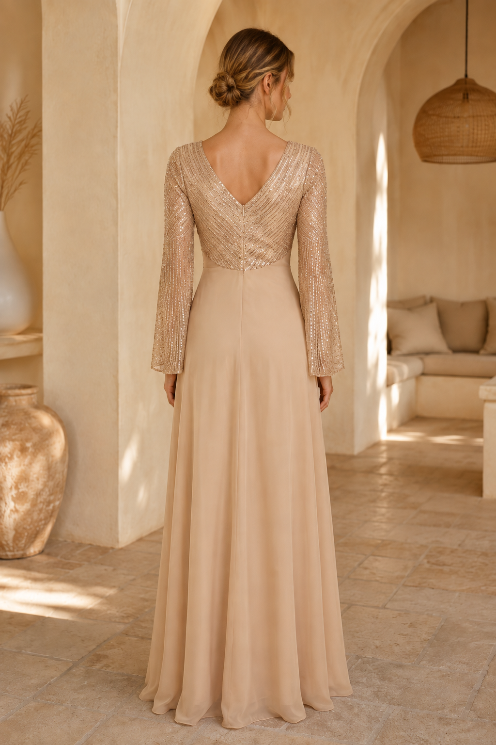 Sequin V-Neck A-Line Gown with Long Sleeves