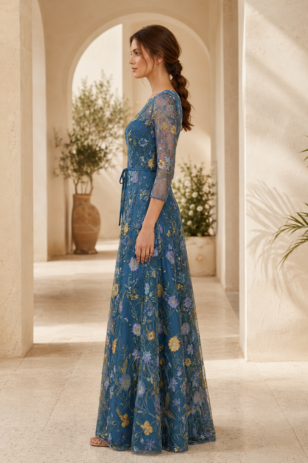 Floral Embroidered Illusion Sleeve A-Line Evening Gown