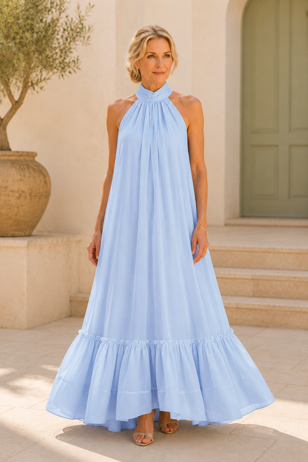 Maxikleid mit Neckholder, Rüschen und Stufen