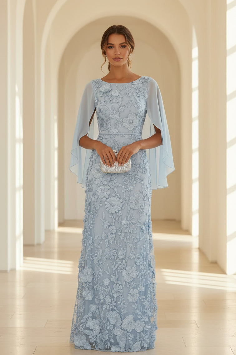 Floral Lace Gown with Chiffon Cape Sleeves