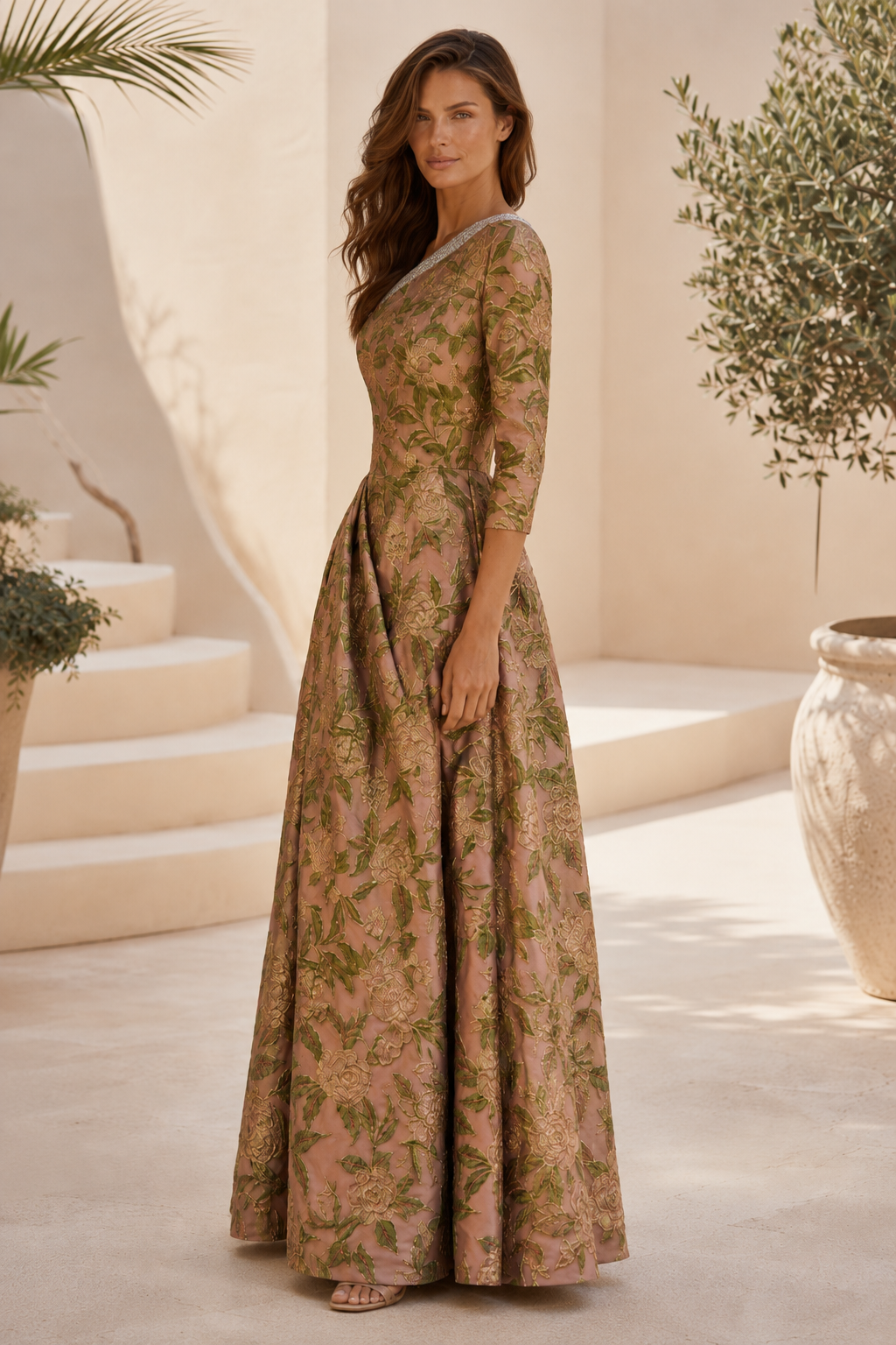 Floral Jacquard A-Line Gown with 3/4 Sleeves