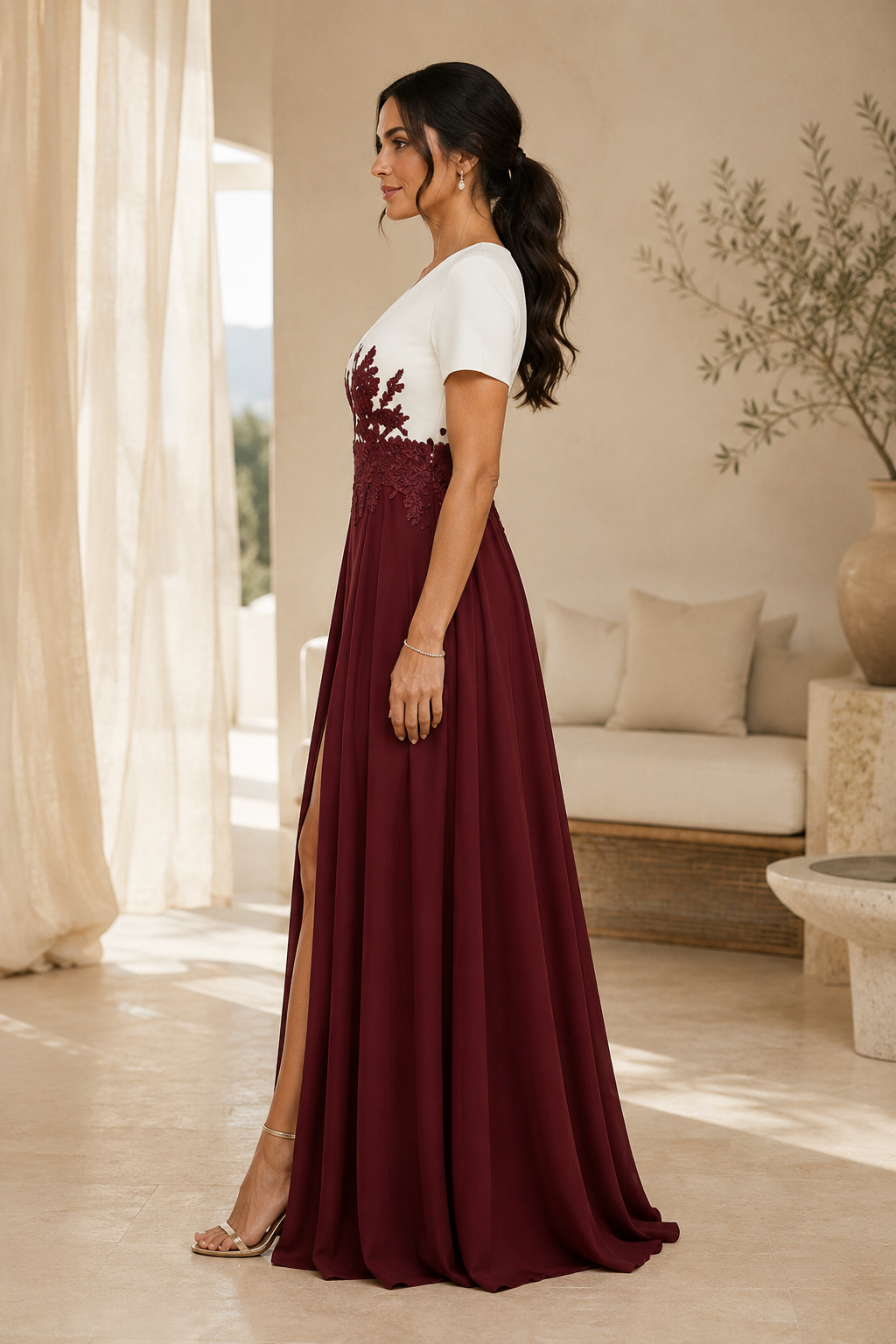 Two-Tone V-Neck Gown with Lace Waist and Side Slit