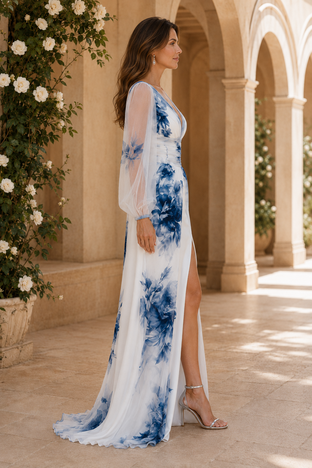 Floral Deep V-Neck Maxi Dress with Slit