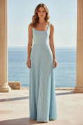 Square Neck Pleated A-Line Maxi Dress