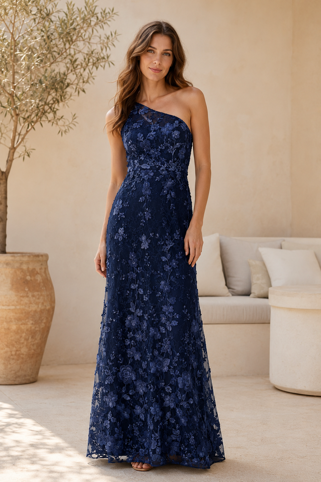 One Shoulder Floral Lace Evening Gown