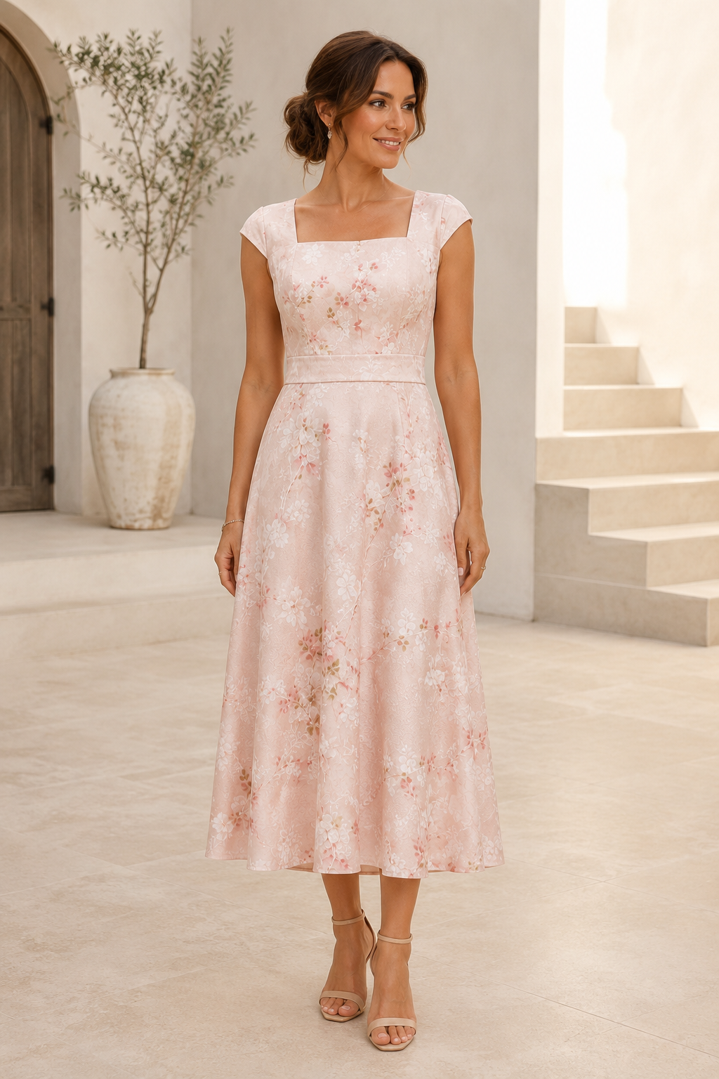 Floral Jacquard Cap Sleeve Midi Dress