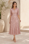 Collared Lace A-Line Midi Dress with Elbow Sleeves