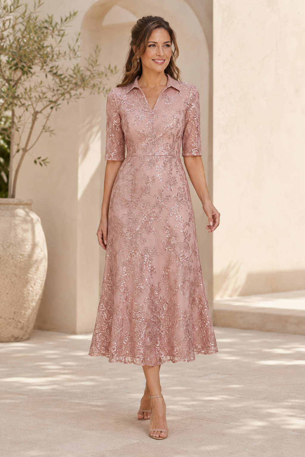 Collared Lace A-Line Midi Dress with Elbow Sleeves