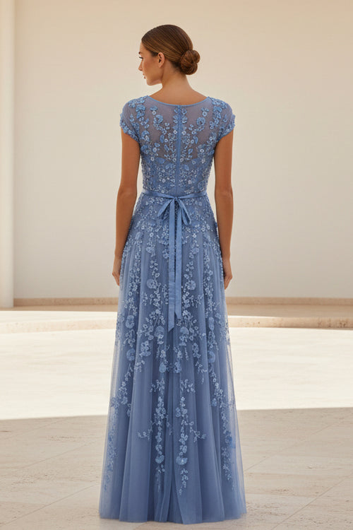 Cap Sleeve 3D Floral Applique A-Line Gown