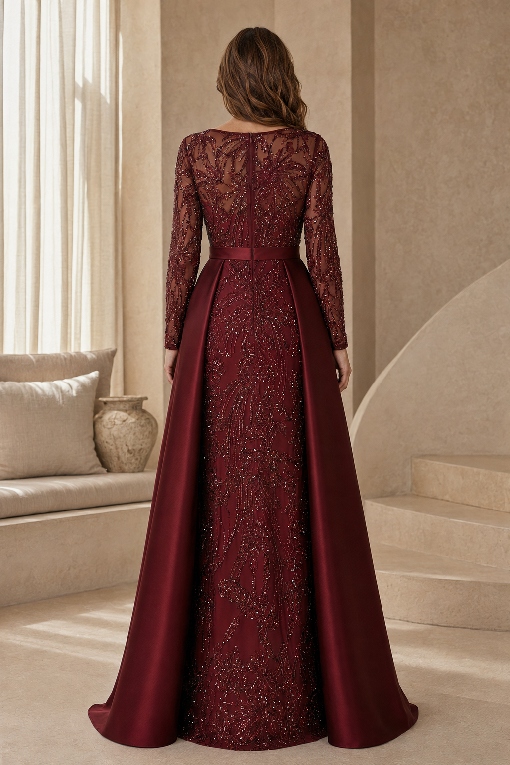 Beaded Long Sleeve Gown with Satin Overskirt