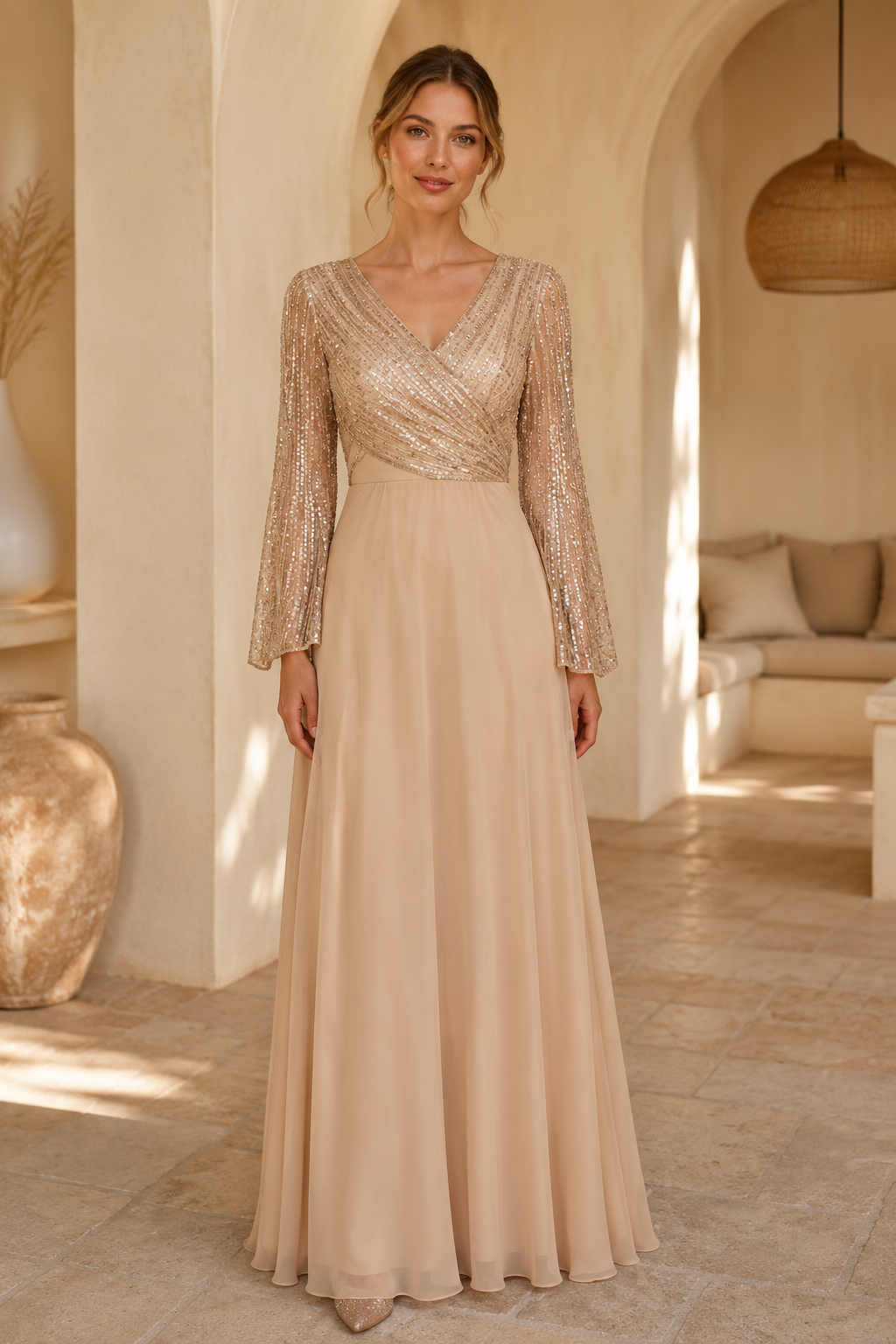 Sequin V-Neck A-Line Gown with Long Sleeves