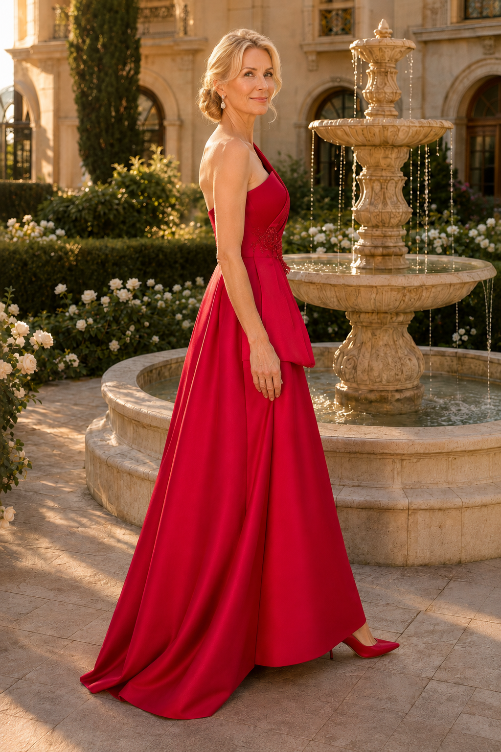 One-Shoulder Pleated Satin A-Line Evening Gown