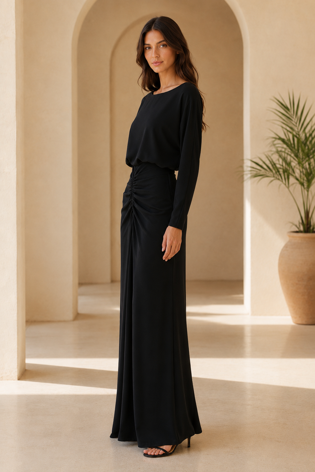 Long Sleeve Ruched Maxi Dress with Keyhole Back
