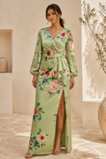 Floral Satin Long Sleeve Maxi Dress with Slit