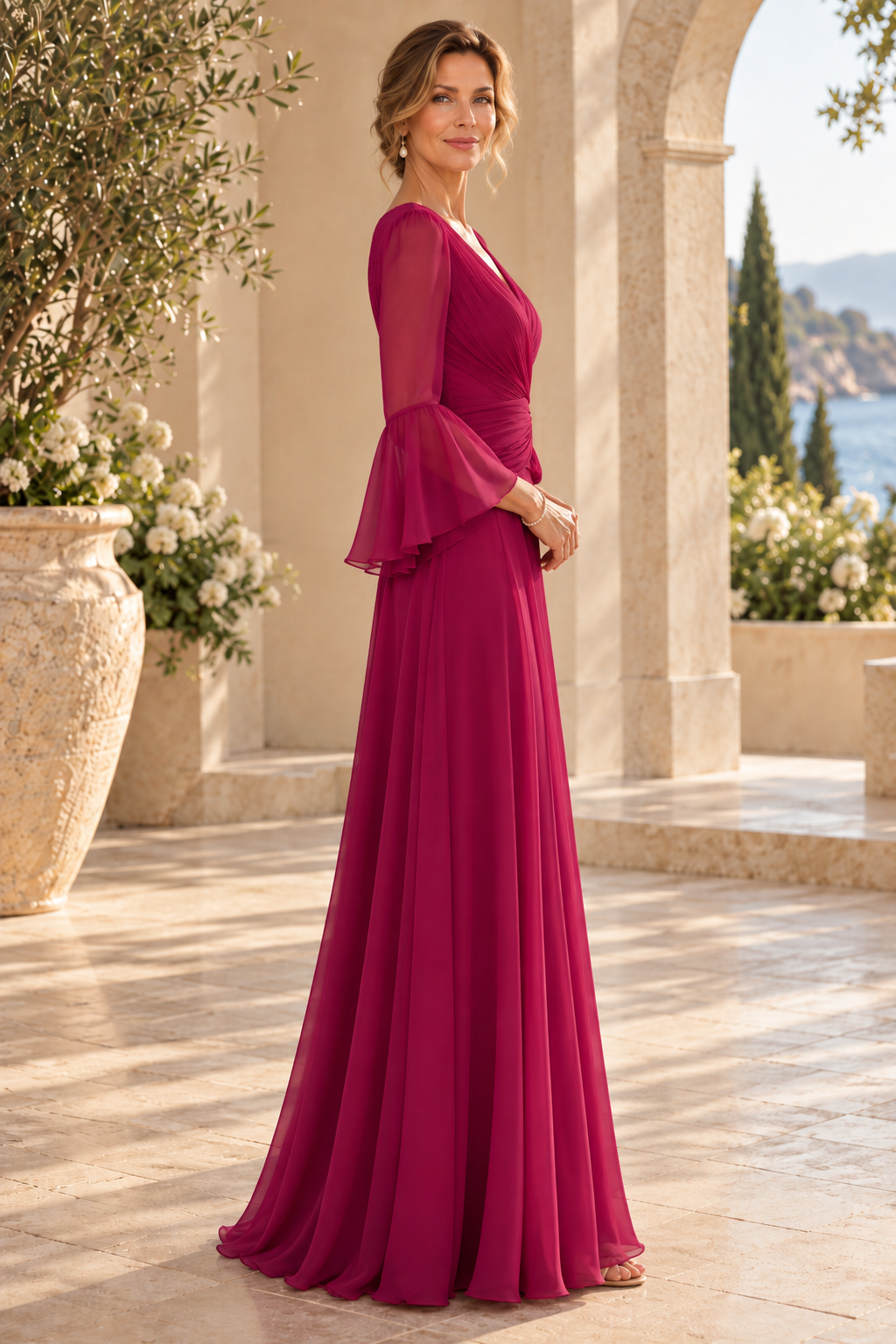 Pleated V-Neck A-Line Gown with Bell Sleeves