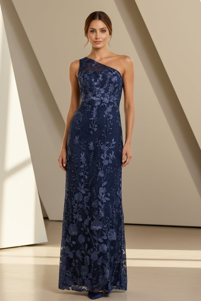 Embroidered Floral One-Shoulder Evening Gown