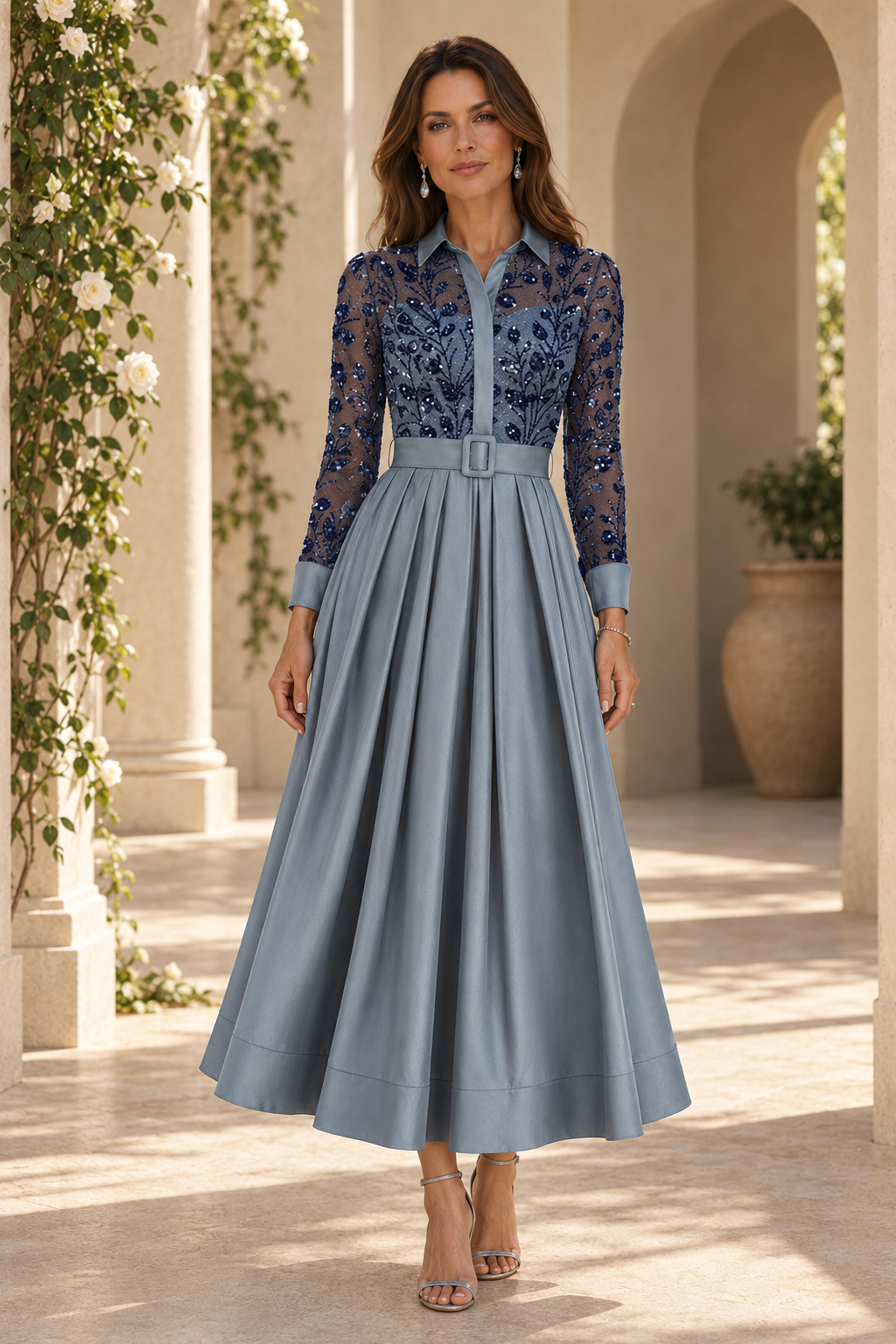 Sequined Shirt Collar Pleated A-Line Midi Dress