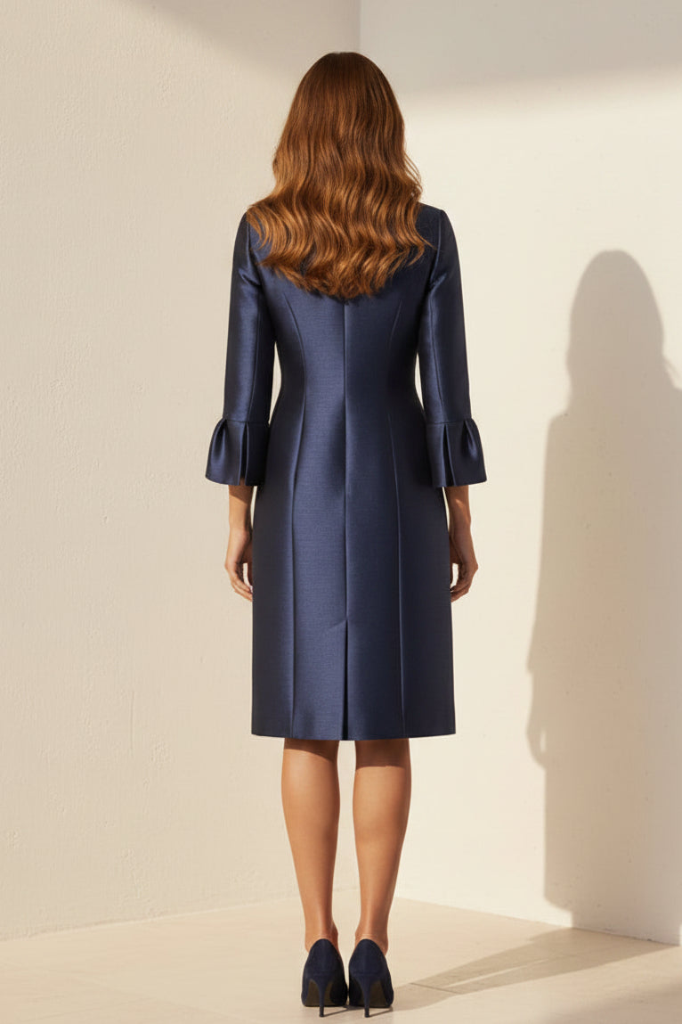 Structured Coat Dress with Bell Sleeves & Brooch