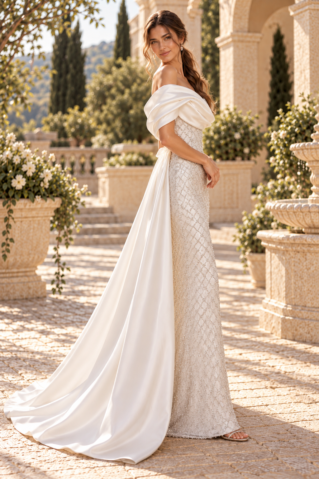 Beaded Column Gown with Satin Train
