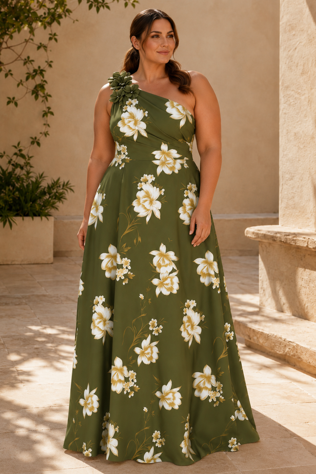 One-Shoulder Floral Satin A-Line Gown
