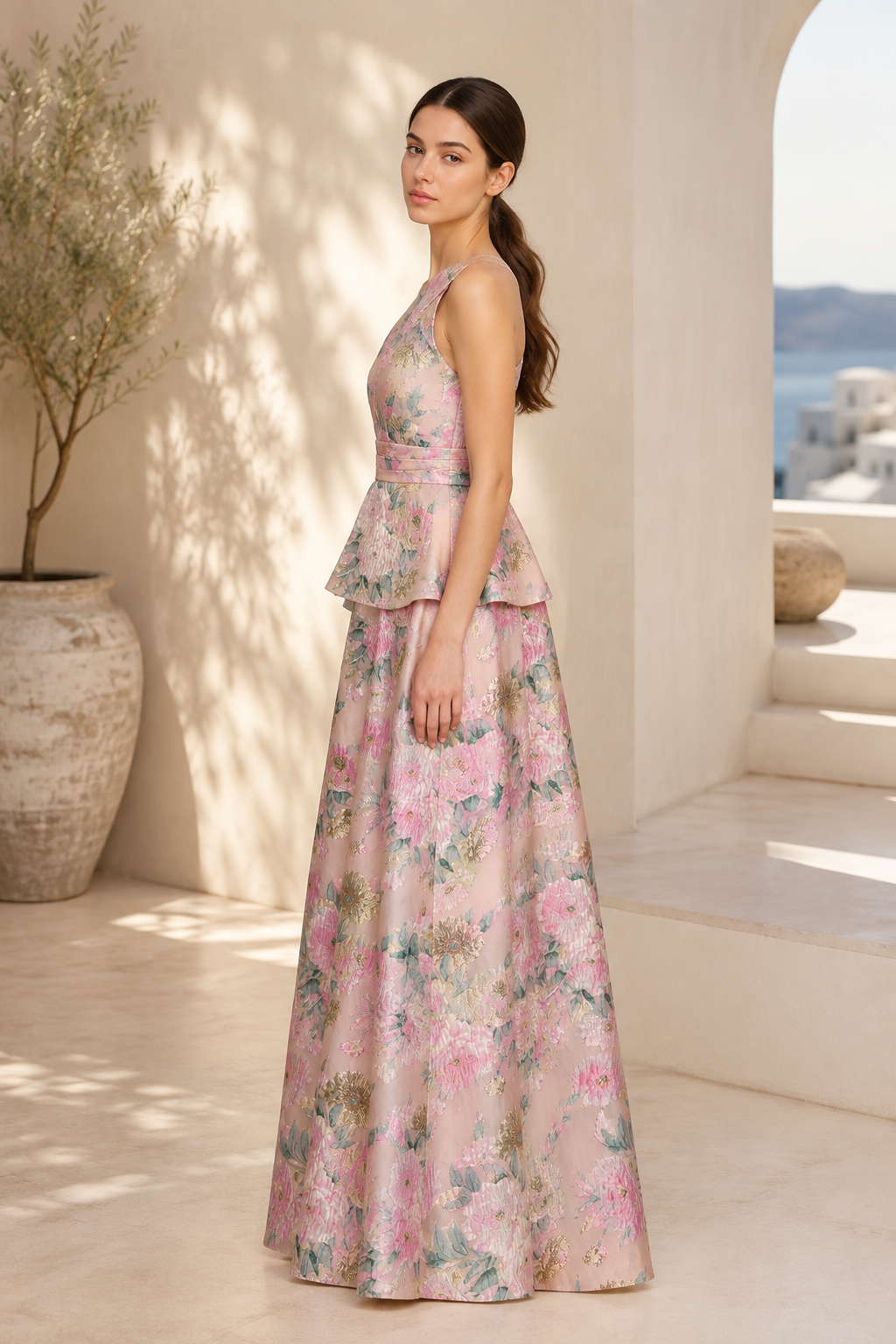 One Shoulder Floral Jacquard Peplum Gown