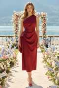 One Shoulder Satin Draped Midi Dress