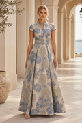 Floral Jacquard A-Line Gown with Belt