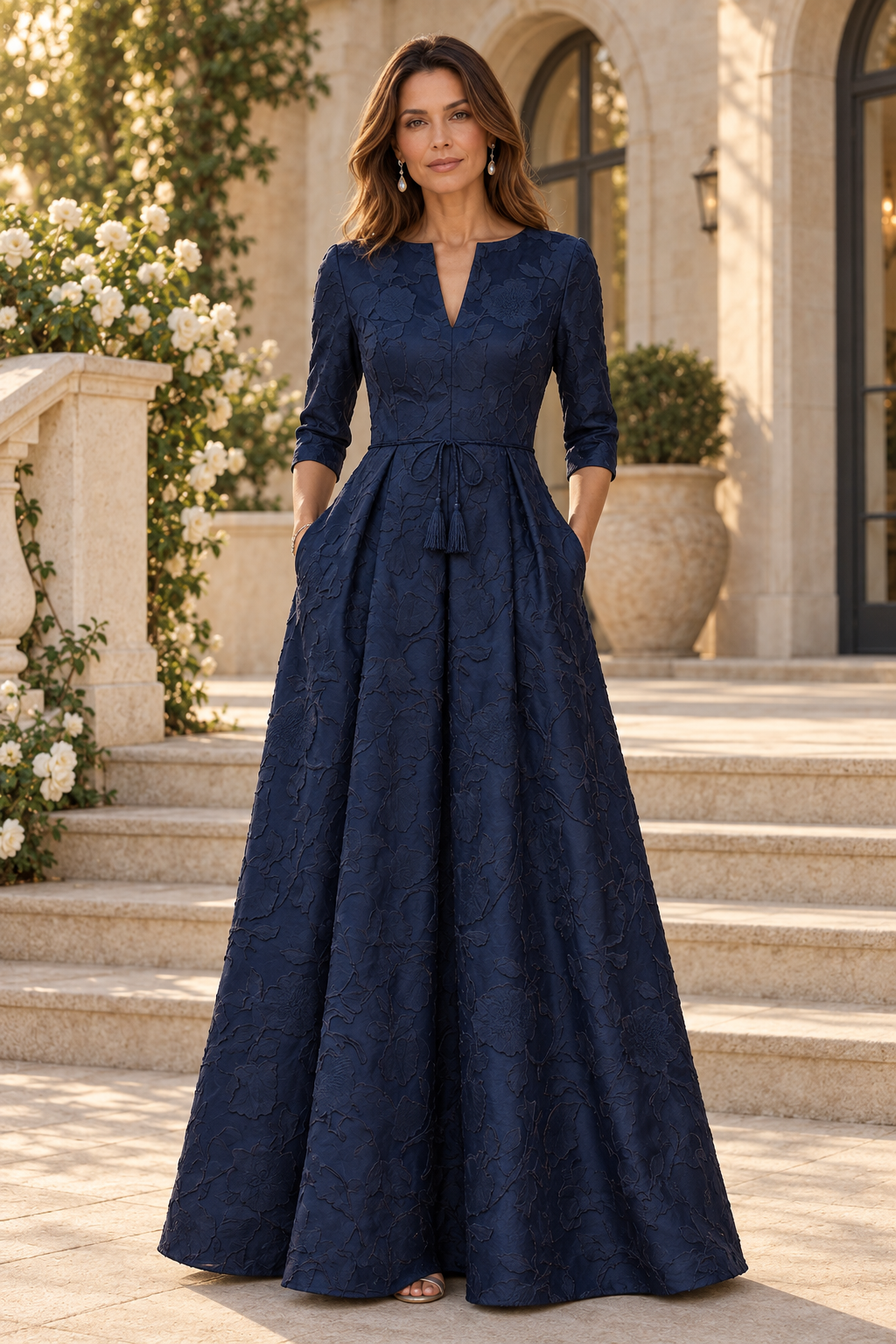 Jacquard A-Line Gown with 3/4 Sleeves