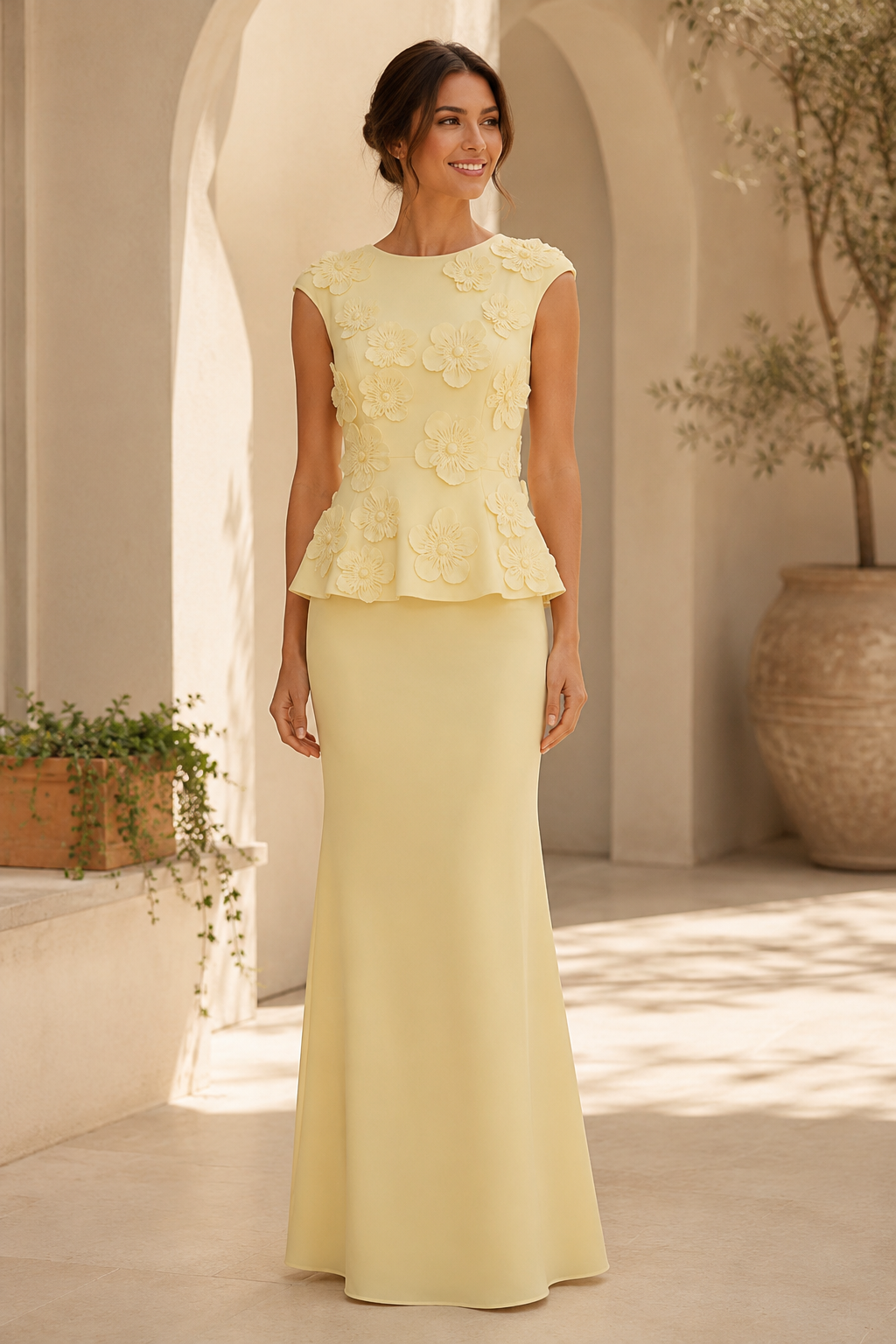 3D Floral Applique Peplum Mermaid Gown