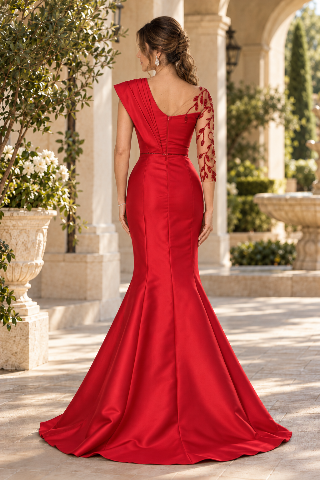 Asymmetrical Mermaid Gown with Beaded Sleeve