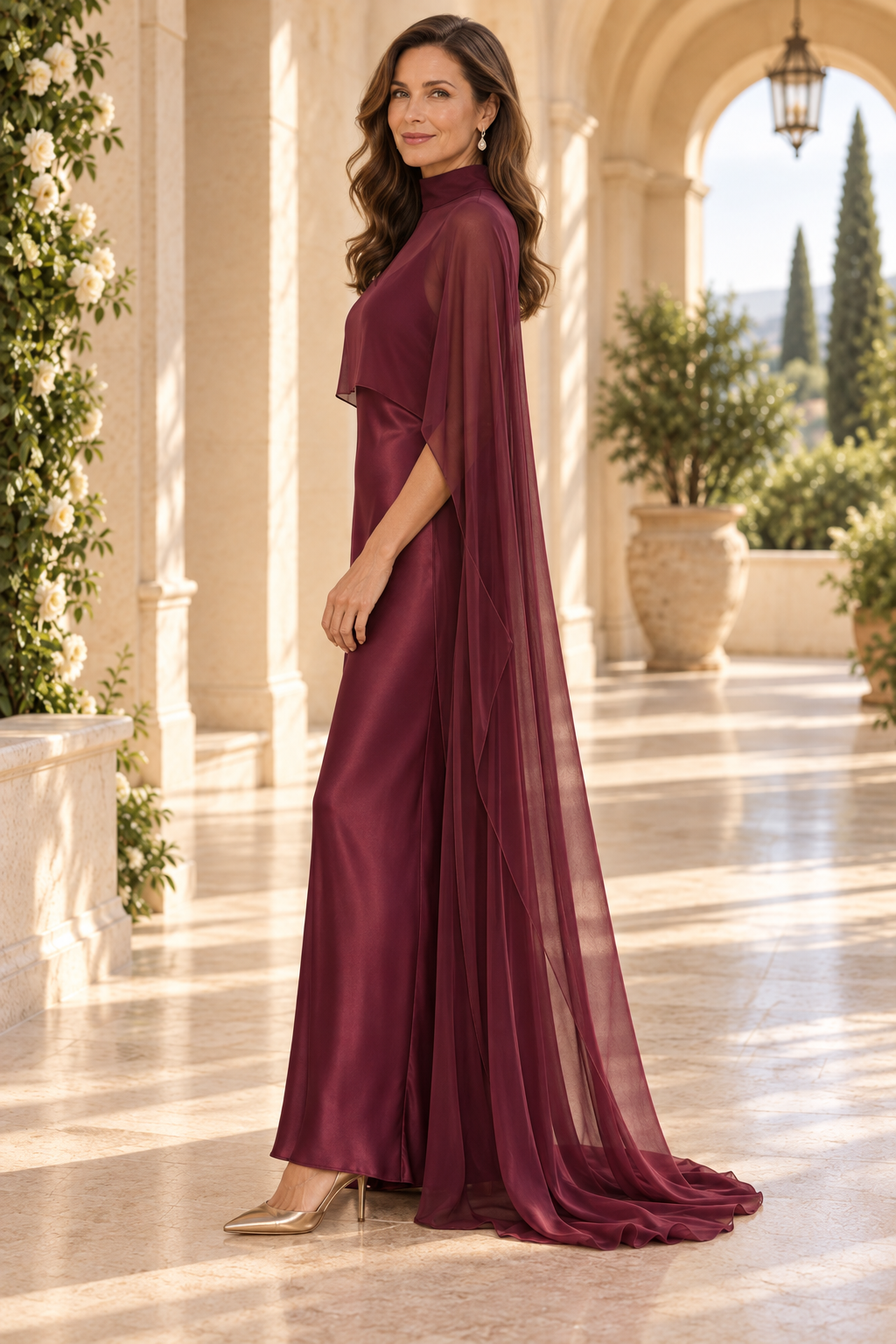 Satin Column Evening Gown with Sheer High-Neck Cape