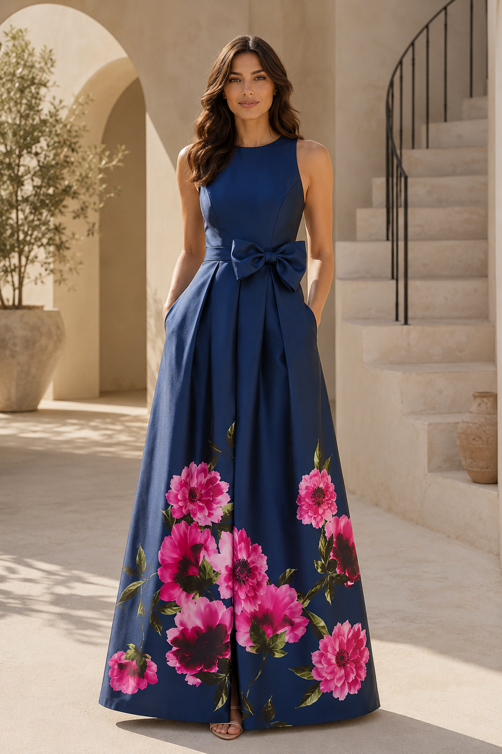 Floral Print Bow-Waist A-Line Evening Gown