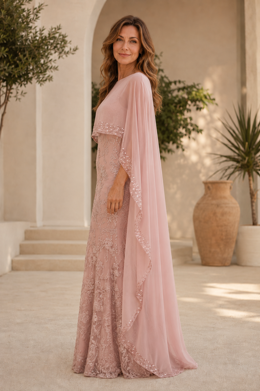 Embroidered Sequin Formal Gown with Capelet