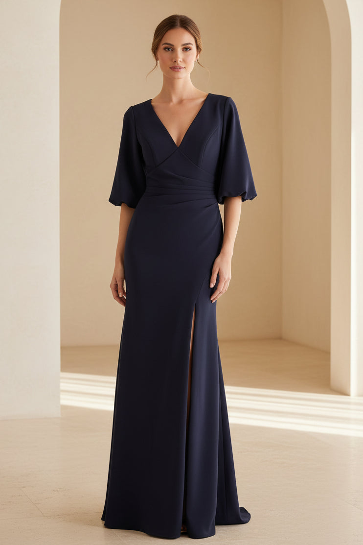 V-Neck Half Sleeve Crepe Trumpet Gown with Slit