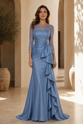 Illusion Neckline 3/4 Sleeve Side Cascade Gown