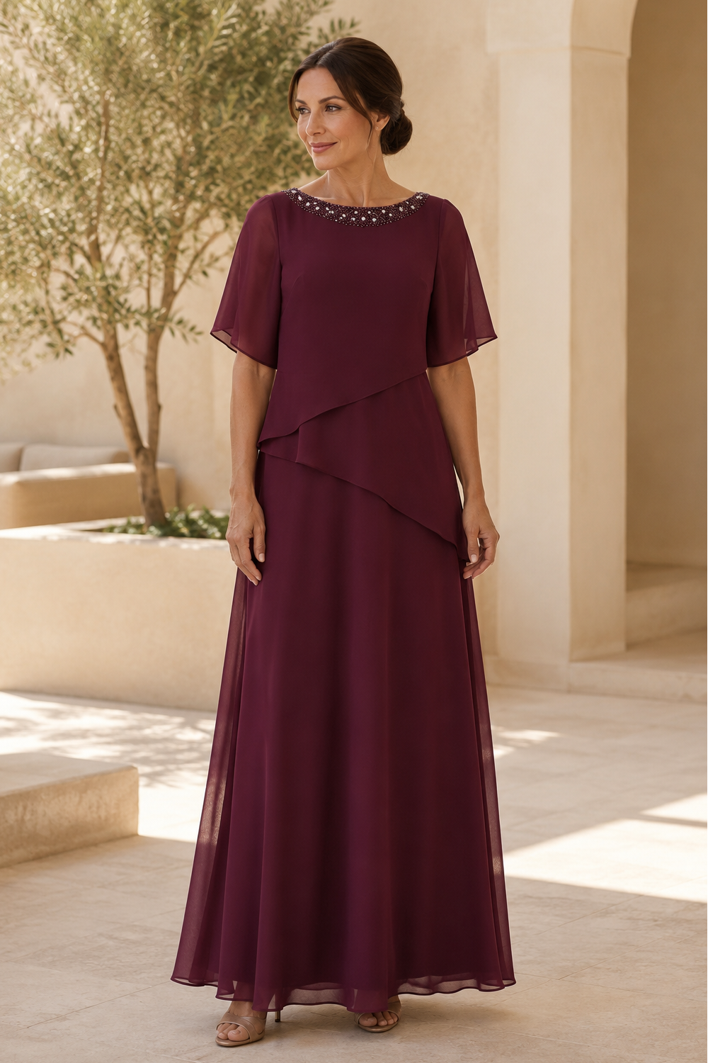 Asymmetrical Chiffon Gown with Beaded Neckline