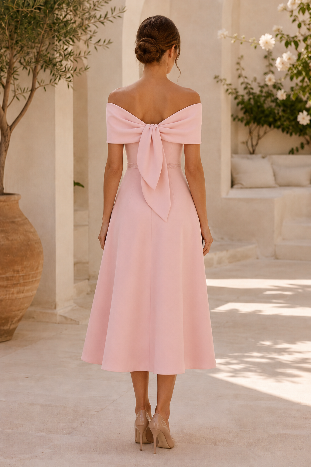 Off-the-Shoulder Bow Back Midi Dress with Pockets