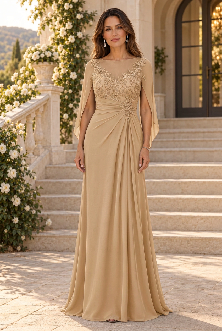 Illusion Neckline Cape Evening Gown with Appliques