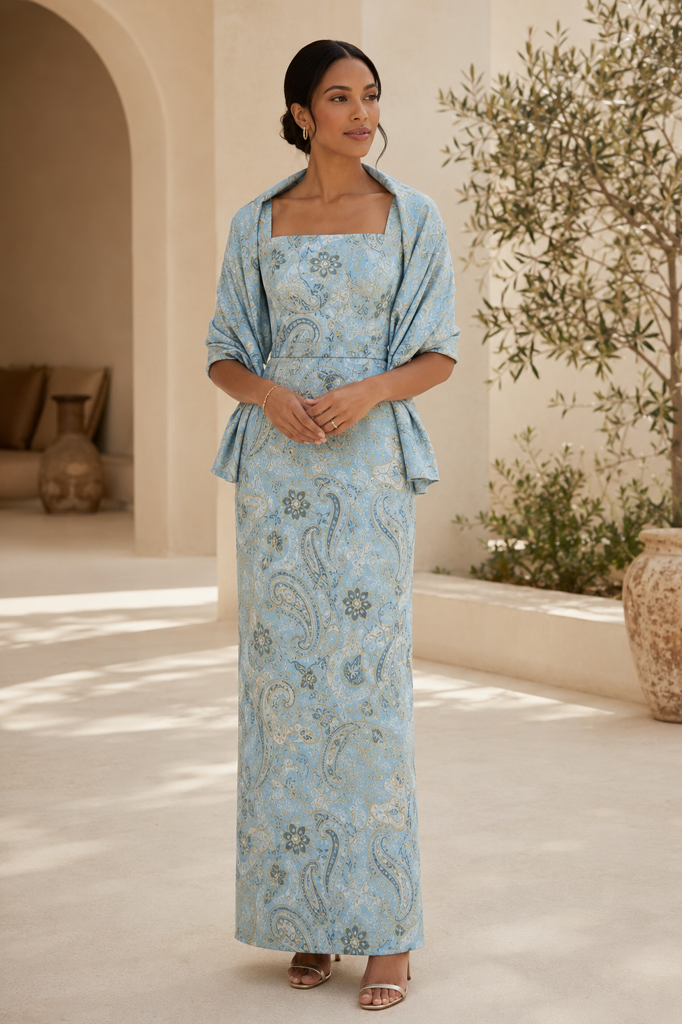 Paisley Jacquard Column Gown with Shawl