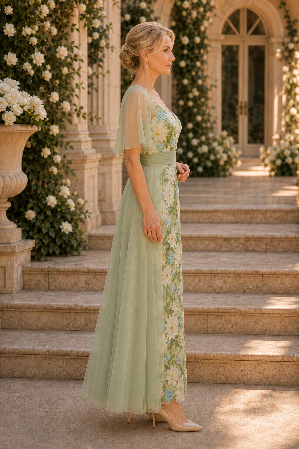 Floral Embroidered Flutter Sleeve A-Line Gown