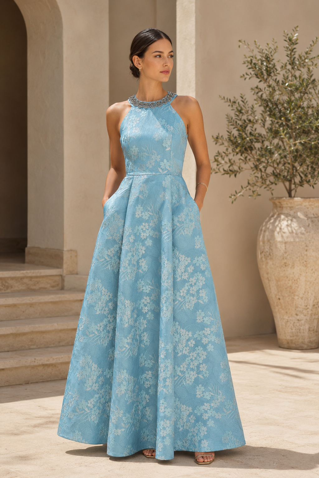 Floral Jacquard Halter Neck A-Line Evening Gown