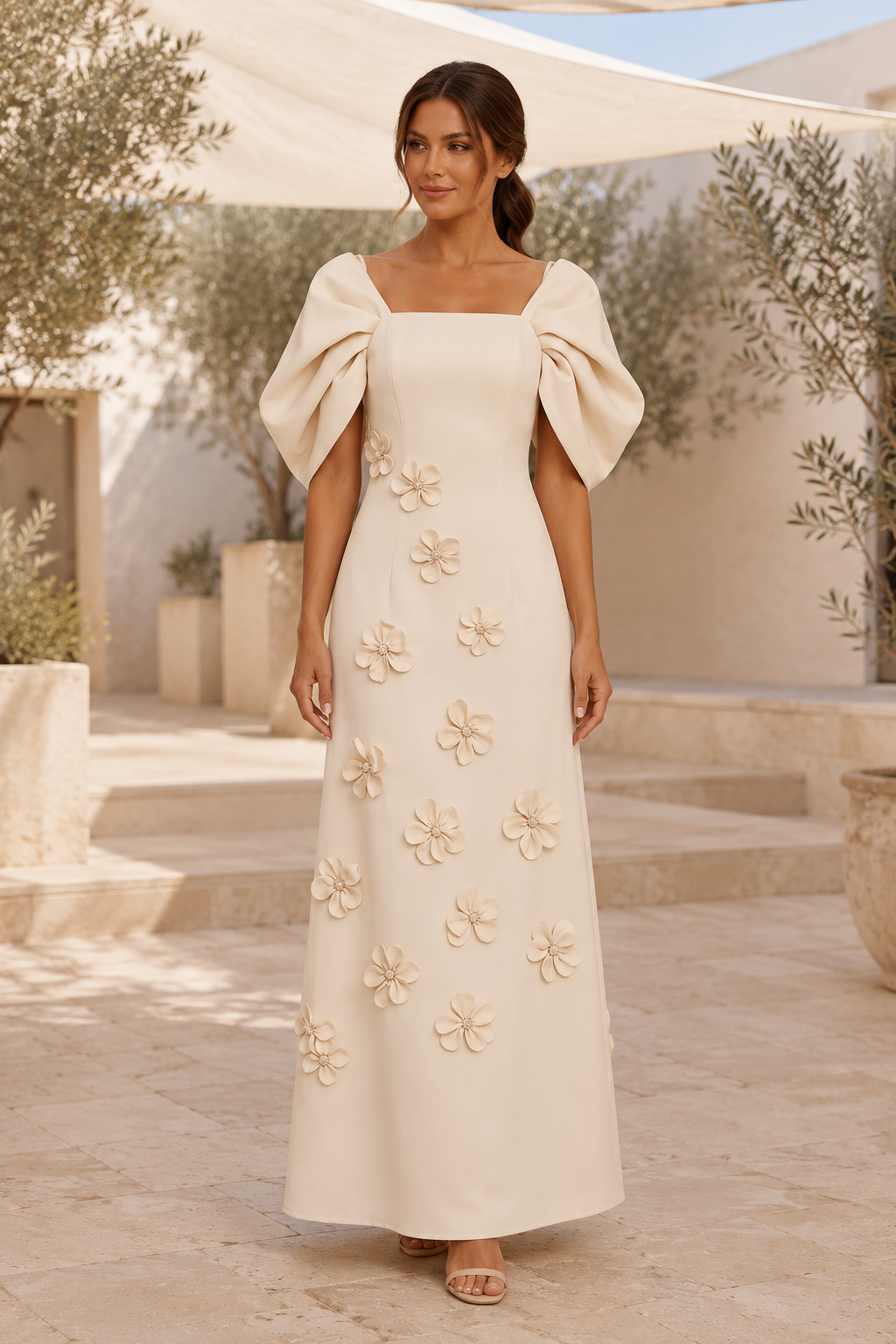 Square-Neck A-Line Gown with Puff Sleeves & 3D Flowers