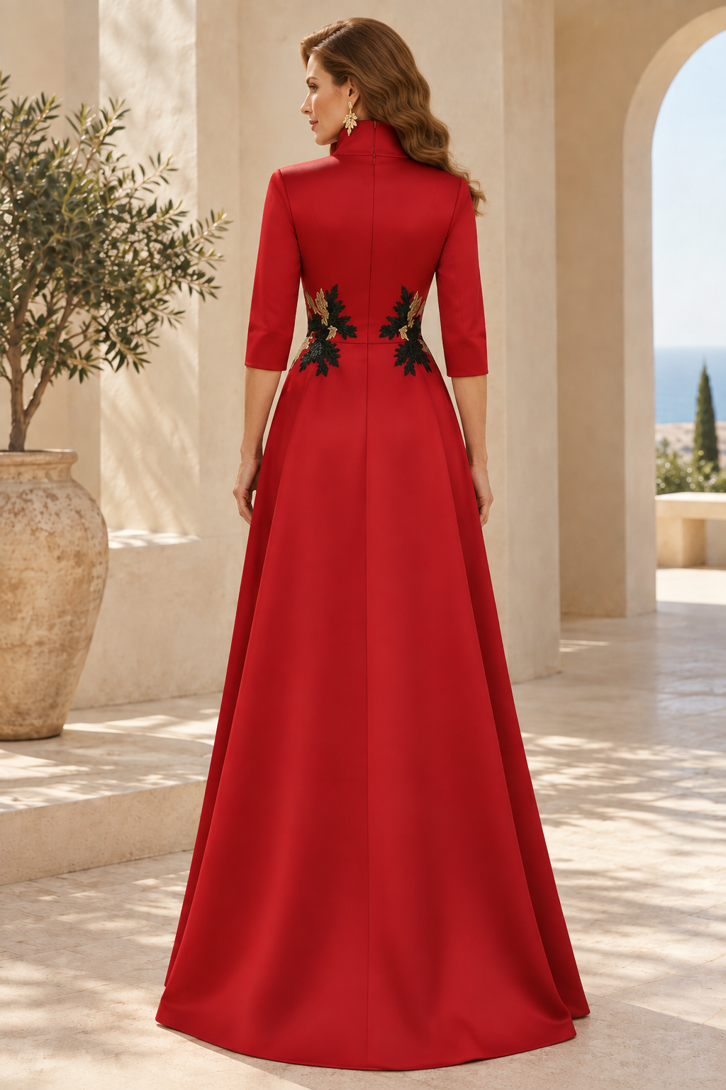 High-Collar A-Line Evening Gown with Appliques