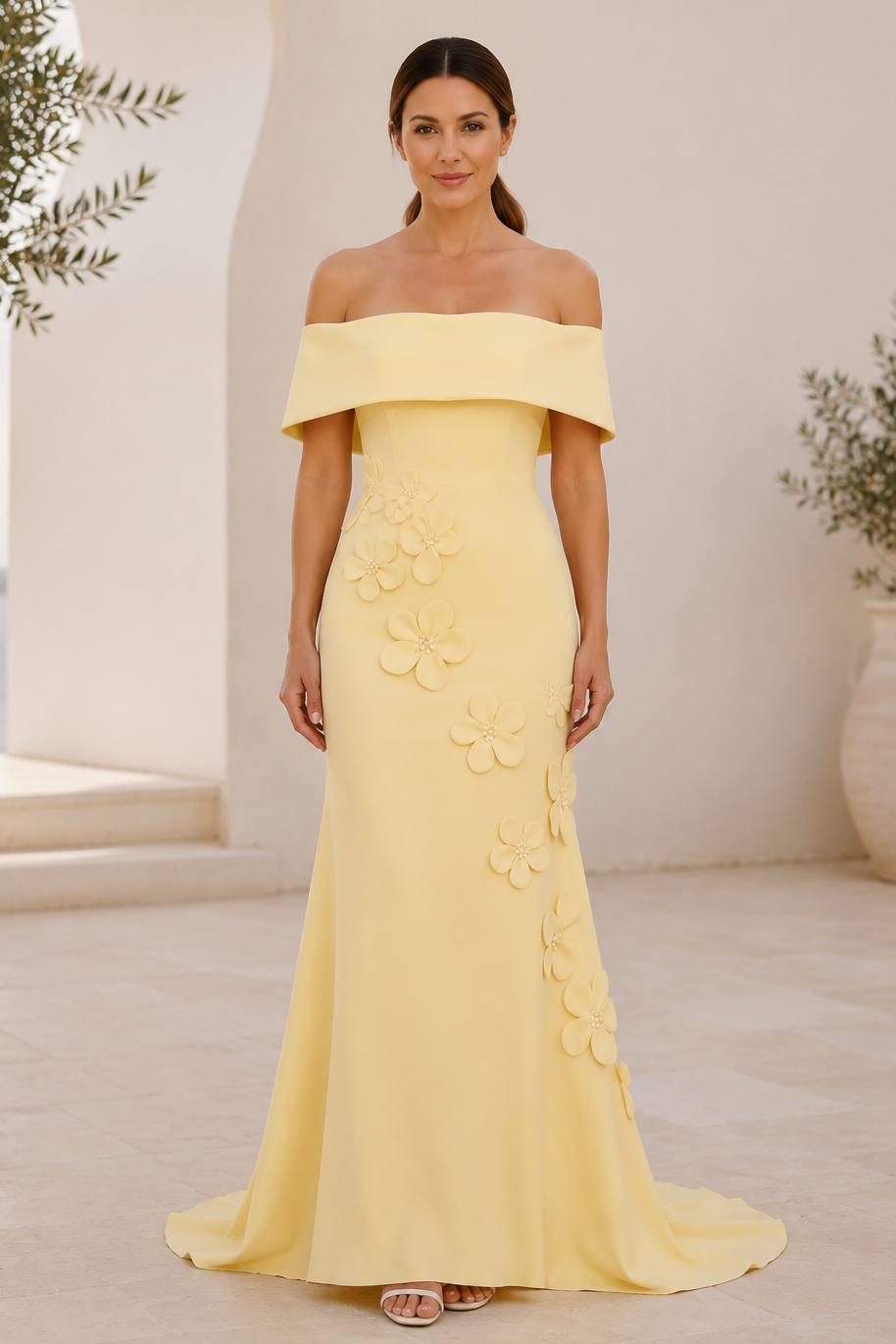 Off-the-Shoulder Mermaid Gown with 3D Floral Appliques