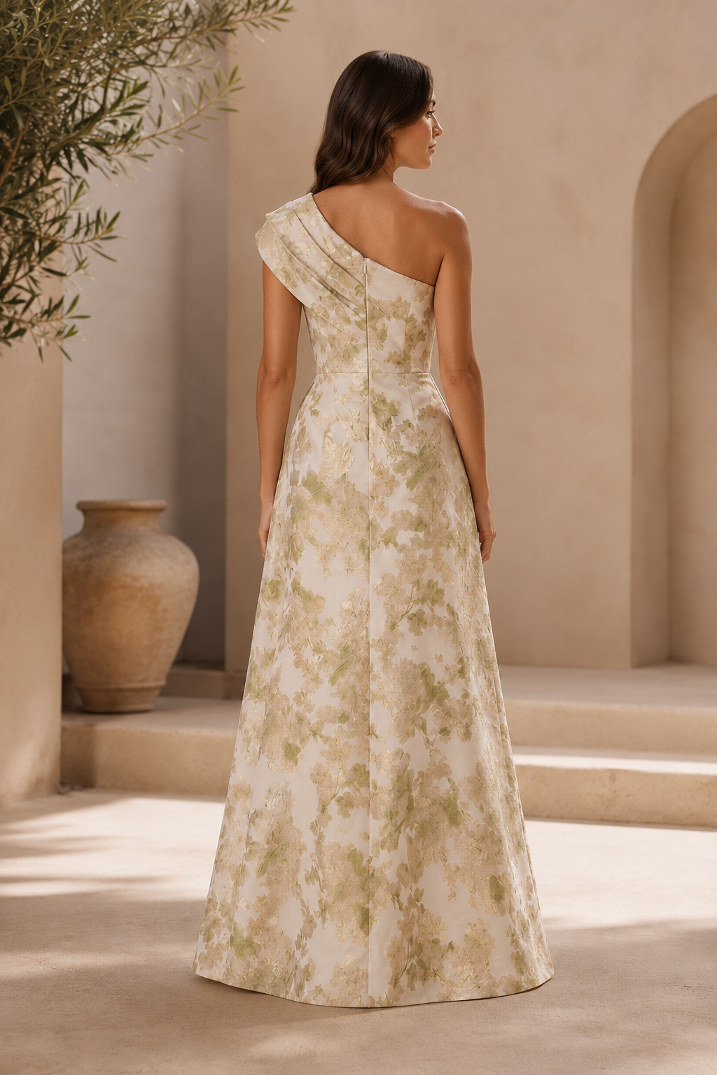 One Shoulder Floral Jacquard A-Line Evening Gown