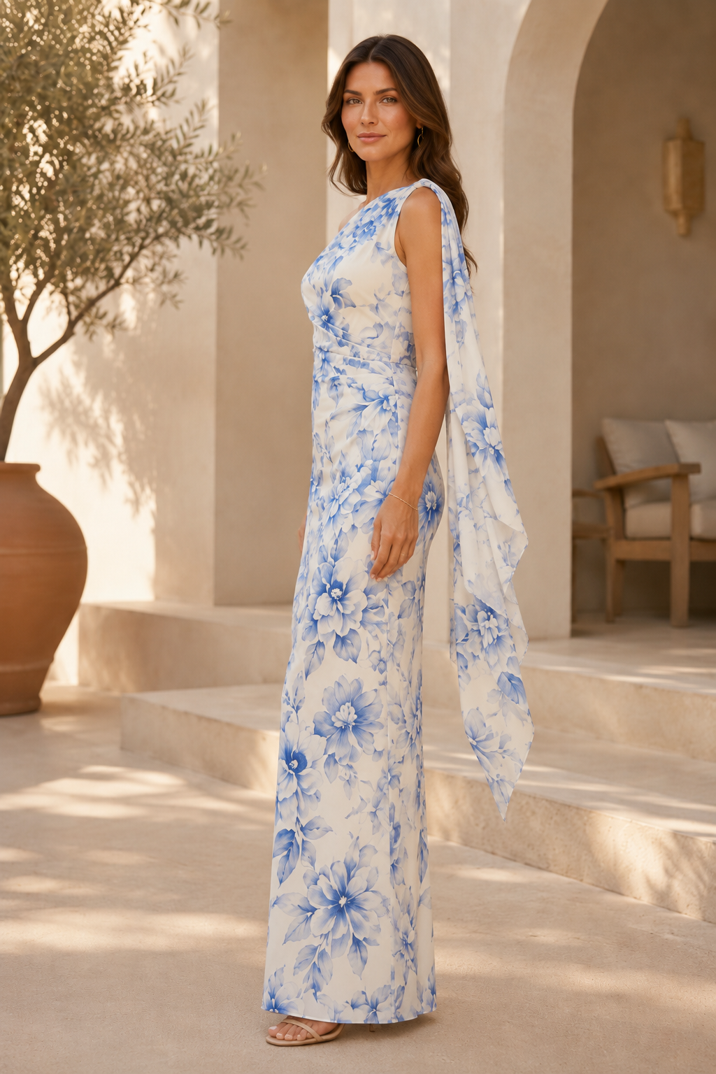One-Shoulder Floral Print Column Gown with Draped Sash